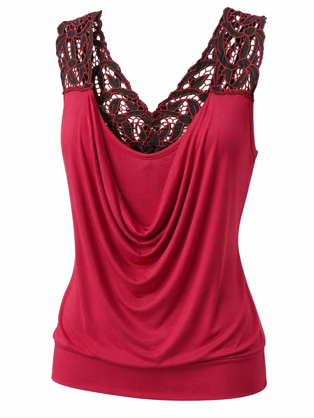 Lipstick Boutique Medium Coral Red Scoop Neck Tank with Black Lace Trim